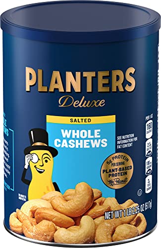 PLANTERS Deluxe Whole Cashews, 1Lb 2.25 oz. Resealable Jar – Wholesome Snack Roasted in Peanut Oil with Sea Salt – Nutrient-Dense Snack & Good Source of Magnesium