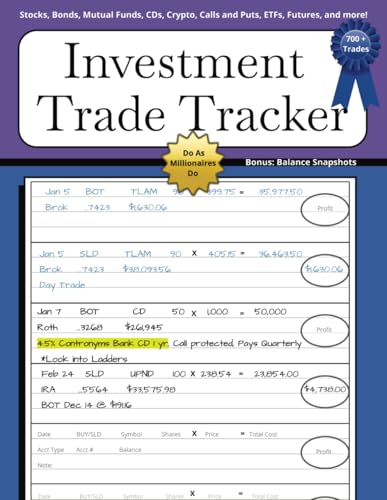 Financial Investment Trade Tracker: Ledger with Easy-to-Read Print to record market trades regarding stock, bond, mutual fund, ETF, CD, Options, and … | Bonus Balances pages | 8.5×11 | 105 pages